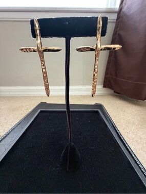 Gold Hammered Cross Drop Earrings